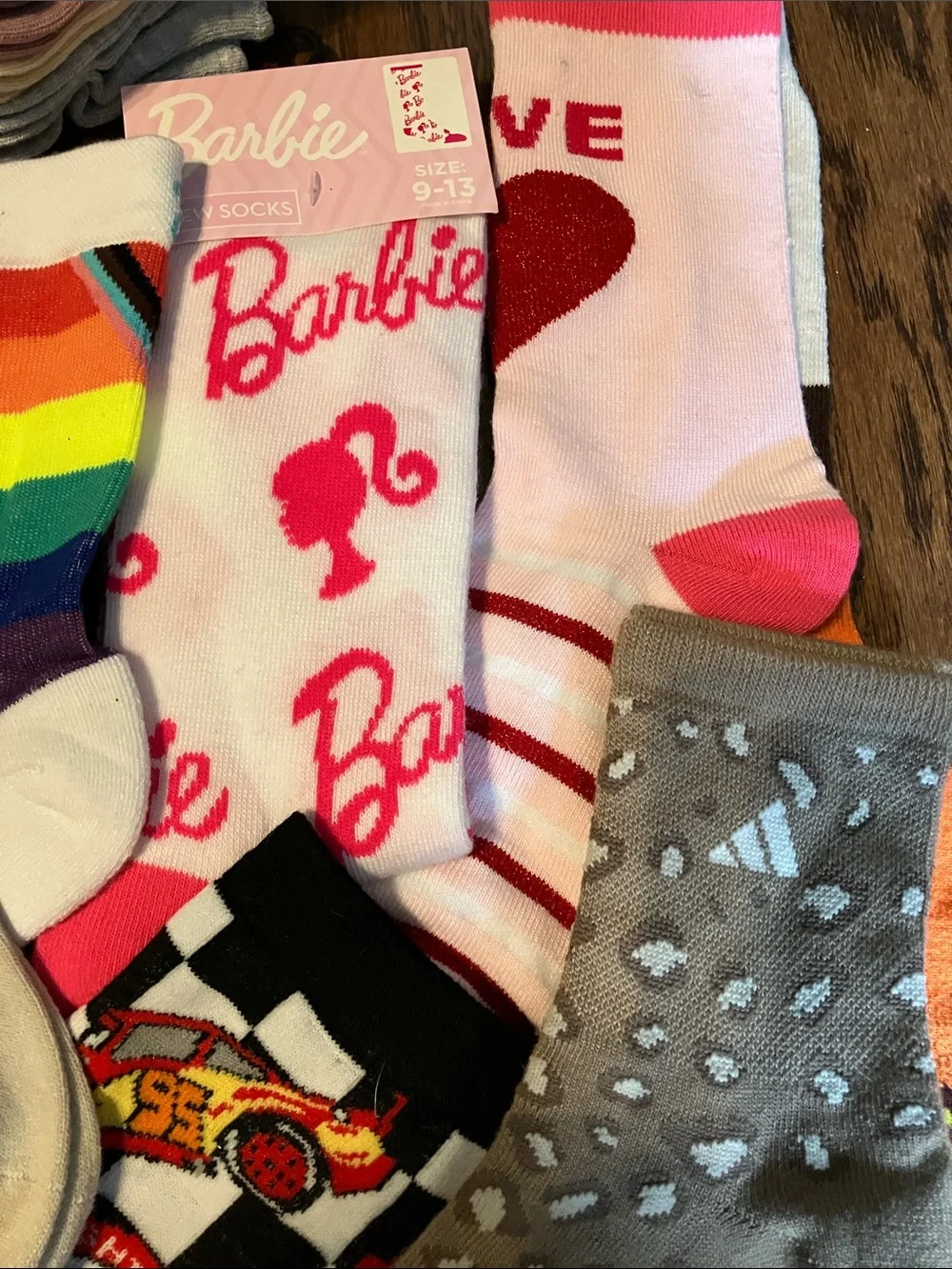 Mixed women/kids Character Socks Bundle( Barbie/balega/adidas/race-car/love)